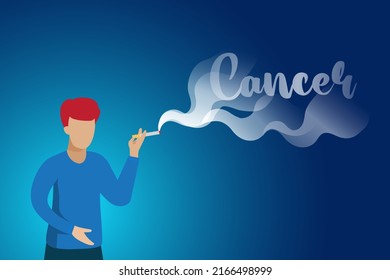 Smoking caused cancer. Stop smoking, quite smoking concept. Man smoke cigarette with word Cancer. Unhealthy behavior.