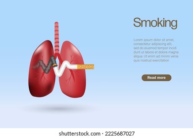 Smoking caused lung cancer. 3D cancer lung organ with burning cigarette. Stop smoking, quit smoking awareness. Realistic vector.