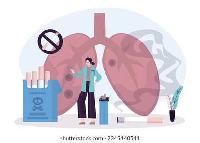 Fumar causó cáncer de pulmón. Dejen de fumar, dejen de fumar concientización. Salud, concepto médico, médico mujer advierte a los fumadores sobre los peligros, las consecuencias del cáncer de pulmón. enfermedad pulmonar, vector plano