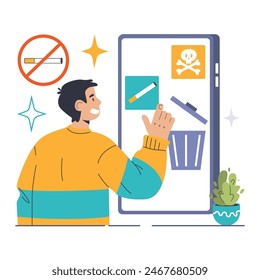 Smoking Cessation concept. Man confidently discards cigarette, prioritizing health. Quitting journey, harmful effects reminder, positive choice. Flat vector illustration