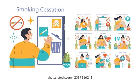 Smoking Cessation set. Man making the choice to quit, facing withdrawal challenges. Lung health, second-hand effects, program benefits. Heart risks and relapse moments. Flat vector illustration