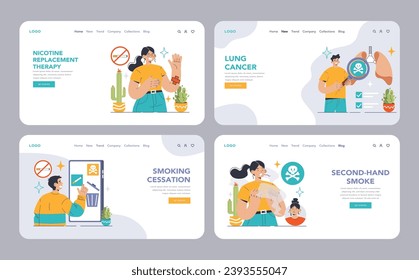 Smoking cessation web or landing set. Man quits smoking, facing withdrawal challenges. Lung health, second-hand effects, program benefits. Heart risks and relapse moments. Flat vector illustration
