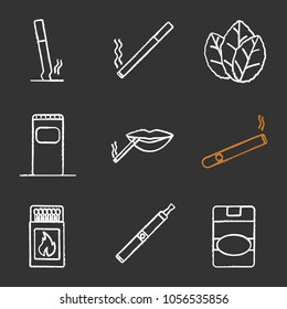 Smoking chalk icons set. Stubbed out and burning cigarettes, tobacco leaves, garbage bin, smoker's mouth, cigar, matchbox, vape, cigarette pack. Isolated vector chalkboard illustrations