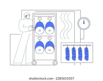 Smoking chamber abstract concept vector illustration. Worker in uniform putting meat into smoking chamber, heat food processing industry, smokehouse pork, butchery sector abstract metaphor.