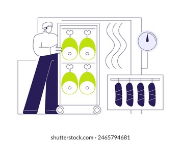 Smoking chamber abstract concept vector illustration. Worker in uniform putting meat into smoking chamber, heat food processing industry, smokehouse pork, butchery sector abstract metaphor.