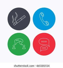 Smoking, chat and phone call icons. Chat speech bubble linear sign. Linear icons on colored buttons. Flat web symbols. Vector