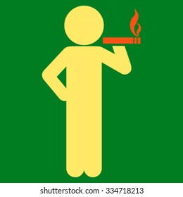Smoking Child vector icon. Style is bicolor flat symbol, orange and yellow colors, rounded angles, green background.