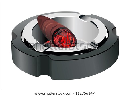 Smoking cigar in an ashtray. Isolated on a white background
