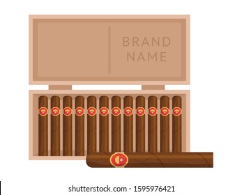 Smoking cigar in box with place for brand name isolated on white. Label design, promotional material for tobacco shop. Traditional classic attribute for smoke. Vector flat cartoon illustration