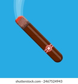 Smoking cigar. Brown Cuba cigar with label. Tobbaco industry. Cigarilla isolated on blue. Vector illustration in flat style