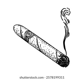 Smoking cigar. Cigar with smoke. Еngraving. Vector illustration in sketch style.Black and white hand drawn image.