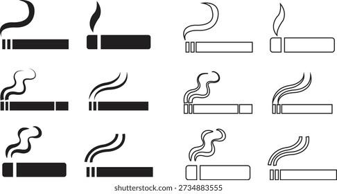 Conjunto de ícones vetoriais de charuto fumante, silhueta de cigarro e coleção de contorno, grupo de símbolos de fumaça clássico isolado no fundo transparente para lounge e design de marca