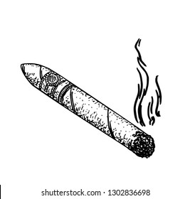 Smoking Cigar. Vector Illustration In Sketch Style.