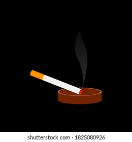 A smoking cigarette in an ashtray on a black background. Shoot the ashes of a cigarette into an ashtray. Smoke from smoking. Smoker. Harm to the health of smokers. Bad habit. Tobacco. Vector.