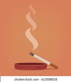 Smoking cigarette in ashtray. Vector flat cartoon illustration 