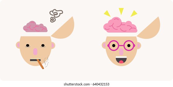 smoking cigarette brain face vs good brain in flat cartoon style. EPS10 Vector illustration.