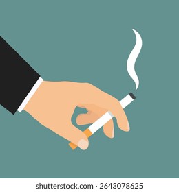 Smoking cigarette in hand. Flat vector illustration of a hand holding a lit cigarette with smoke rising, set against a solid teal background