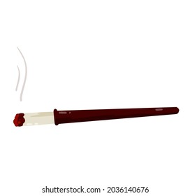 Smoking cigarette in long holder. Bad habit. Harm and health. Flat cartoon illustration isolated on white. Vintage object