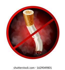 A smoking cigarette in a red circle. Smoking ban in public places. Sticker or decal. Vector illustration