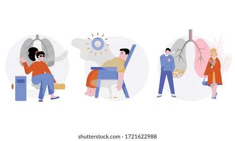 Smoking cigarette set of three isolated round compositions with flat characters of smokers in various situations vector illustration