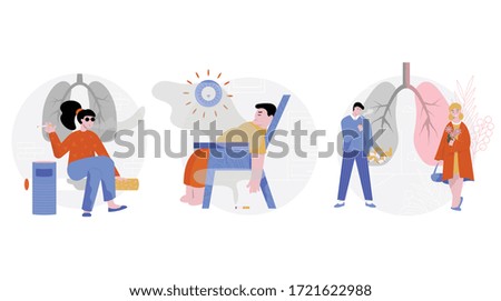 Smoking cigarette set of three isolated round compositions with flat characters of smokers in various situations vector illustration