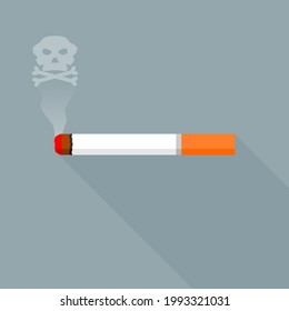Smoking cigarette with 
skull smoke on gray background flat vector.