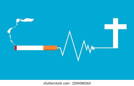 Smoking cigarette tobacco with line pulse heartbeat cardiograph and white christian crucifix cross religion death on blue background flat vector icon design.