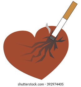 Smoking cigarettes break your heart or smoldering cigarette on a background of hearts isolation on white.Vector illustration
