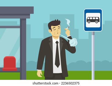 Smoking cigarettes in public place prohibited. Male character holding cigarette and blow out smoke at bus stop. Close-up of smoking young manager or businessman. Flat vector illustration template.