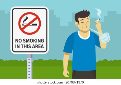 Fumar cigarrillos en lugares públicos. Un joven personaje masculino sostiene cigarrillo y sopla humo. No fumar en esta área de advertencia de cerrar. Plantilla de ilustración vectorial plana.