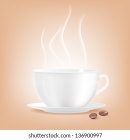 Smoking coffee cup with two grains of coffee. Vector illustration