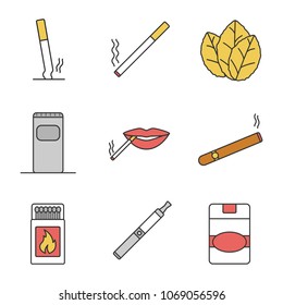 Smoking color icons set. Stubbed out and burning cigarettes, tobacco leaves, garbage bin, smoker's mouth, cigar, matchbox, vape, cigarette pack. Isolated vector illustrations