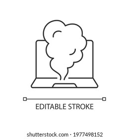 Smoking computer linear icon. Symptom of overheating hardware. Broken notebook. System failure. Thin line customizable illustration. Contour symbol. Vector isolated outline drawing. Editable stroke