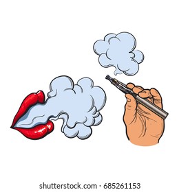 Smoking concept - smoke coming out of female lips and electronic cigarette in male hand, sketch vector illustration isolated on white background. Smoking female lips and male handwith e-cigarette