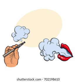 Smoking concept - smoke coming out of female lips and electronic cigarette in male hand, sketch vector illustration with space for text. Smoking female lips and male handwith e-cigarette