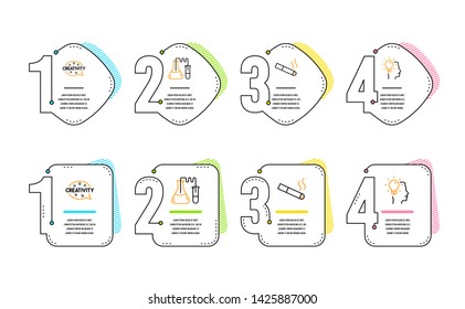 Smoking, Creativity and Chemistry lab icons simple set. Idea sign. Cigarette, Inspiration, Medical laboratory. Professional job. Business set. Infographic timeline. Line smoking icon. Vector