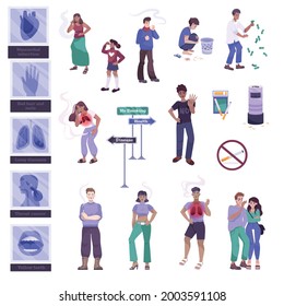 Smoking damaging effects flat set with heart disease arthritis lung cancer bad breath money waste vector illustration