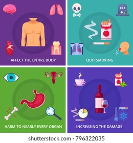 Smoking danger 2x2 design concept with factors increasing damage and advertising of quit smoking cartoon vector illustration 