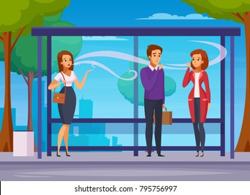 Smoking danger cartoon composition with young people waiting transport at bus stop and smoking outdoors vector illustration 