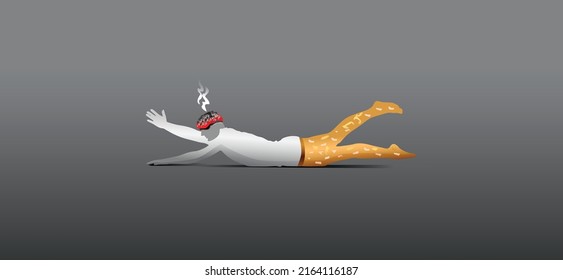 Smoking Is Danger For Health. Concept Of Smoker Death As A Cigarette Burning With Man Falling Victim In Burning Ash. Vector Illustration Design.