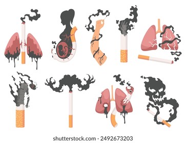Smoking dangers icon set. Awareness about smoking and poison of cigarette. Resulting premature organ damage. Smoking effect on human lung. Smoking is harmful to human organs