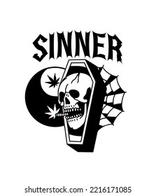 Smoking Dead Skull Grave. Spider web grave. Cannabis Yin Yang symbol. Sinner Skull dead Free Vector