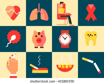Smoking design concept set with harm and danger flat icons isolated vector illustration. 
