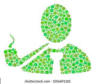 Smoking Detective collage of dots in various sizes and eco green color tones. Vector circle elements are united into smoking detective mosaic. Freshness design concept.