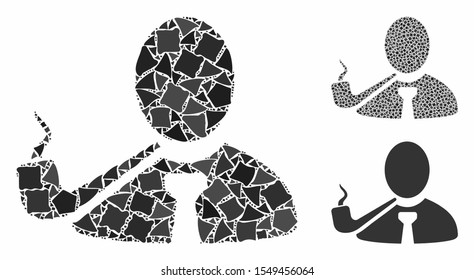 Smoking detective mosaic of raggy parts in different sizes and shades, based on smoking detective icon. Vector unequal parts are combined into composition.