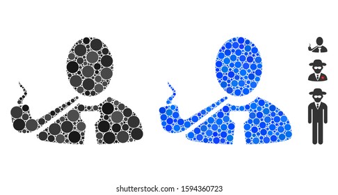 Smoking detective mosaic of small circles in variable sizes and shades, based on smoking detective icon. Vector small circles are grouped into blue collage.
