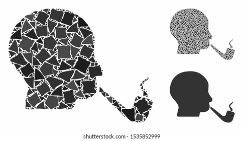 Smoking detective mosaic of unequal pieces in variable sizes and color tints, based on smoking detective icon. Vector abrupt items are united into mosaic.