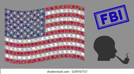 Smoking detective symbols are organized into USA flag mosaic with blue rectangle distressed stamp seal of FBI caption.