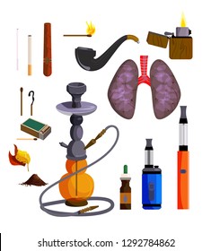 Smoking devices icons set. Vector icons collection on white background, Hookah, lungs, cigar, cigarette. Smoking concept. Illustration can be used for topics like tobacco shop, unhealthy lifestyle