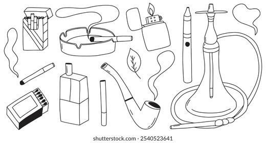 Conjunto de rabiscos para fumar. Conjunto vetorial de elementos de fumagem, cigarro na caixa de embalagem e cinzeiro, isqueiro de charuto, narguilé, vape e fósforos